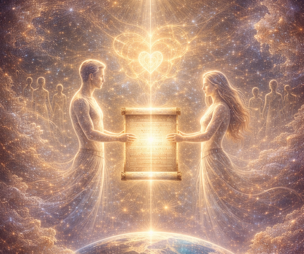  Spiritual depiction of souls forming agreements before birth in a luminous celestial setting representing soul contracts