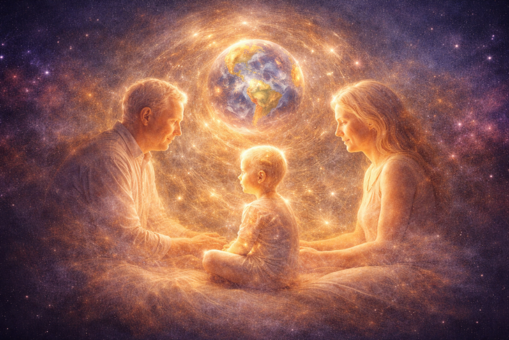 Spiritual illustration of a child soul with parents in a cosmic setting representing pre-birth planning and choosing parents before birth