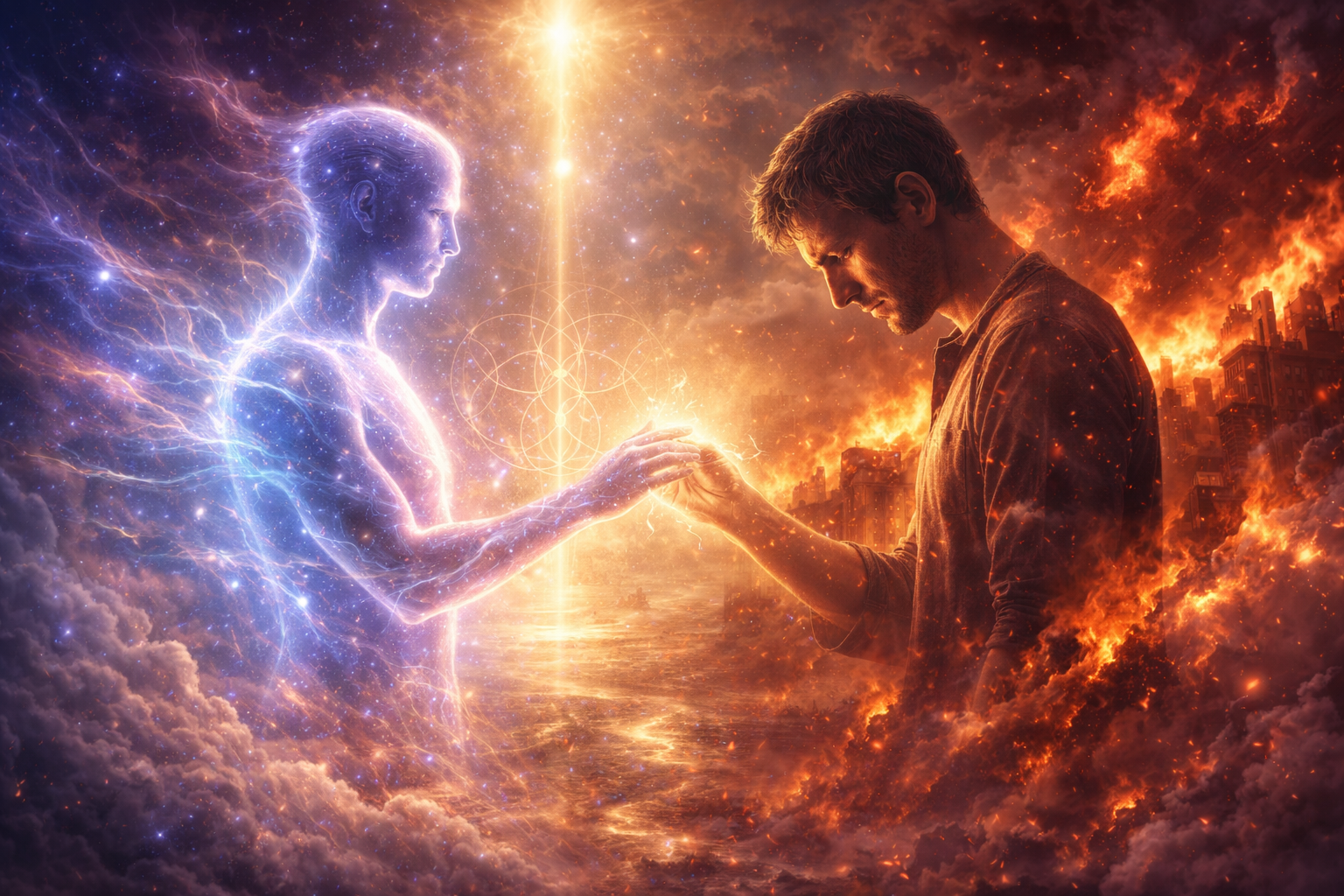 Luminous energy being extending a hand toward a troubled man engulfed in flames, representing the higher self offering guidance