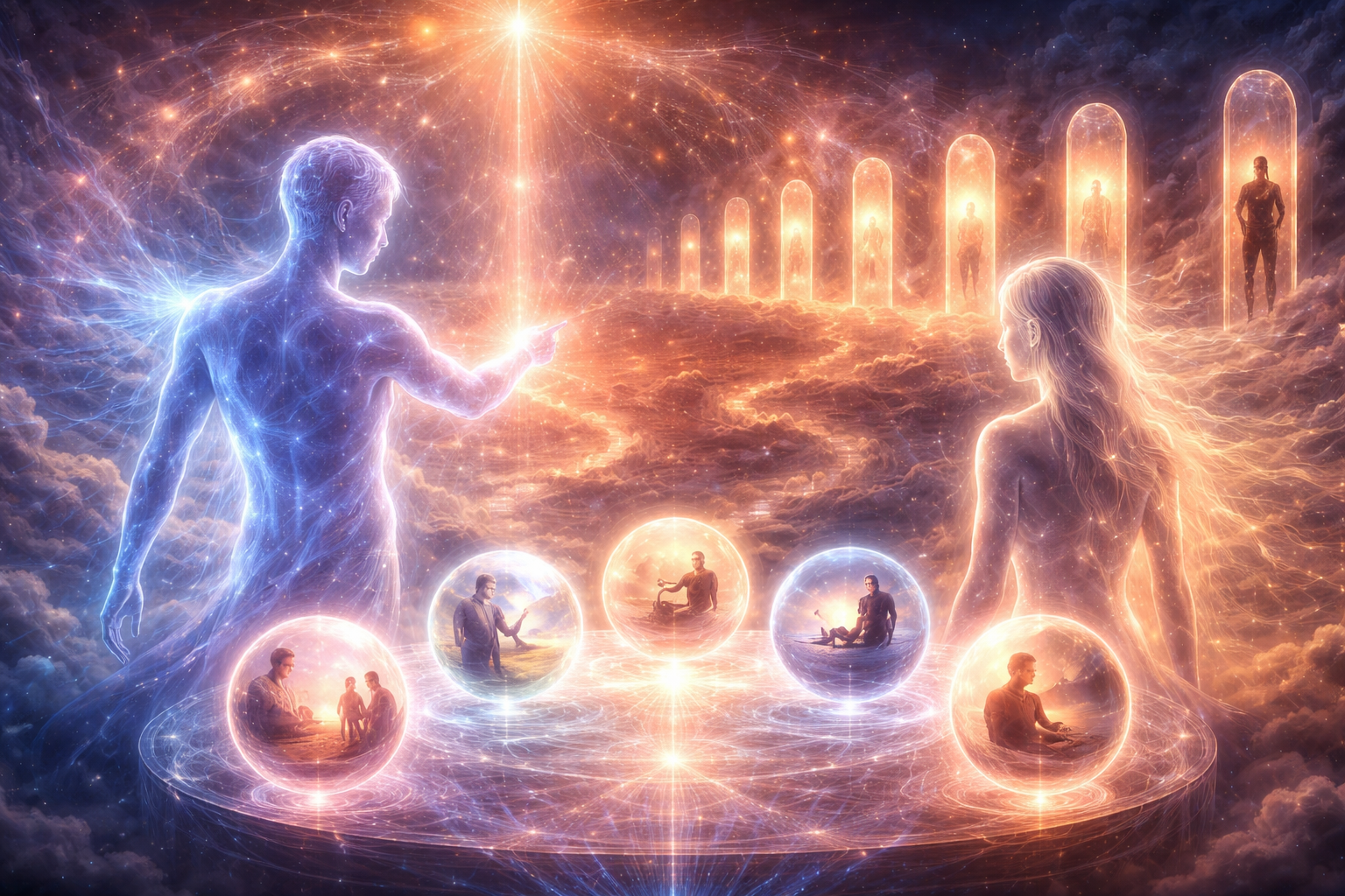 Two glowing spirit figures facing each other above orbs showing past life memories, with soul figures waiting in light portals