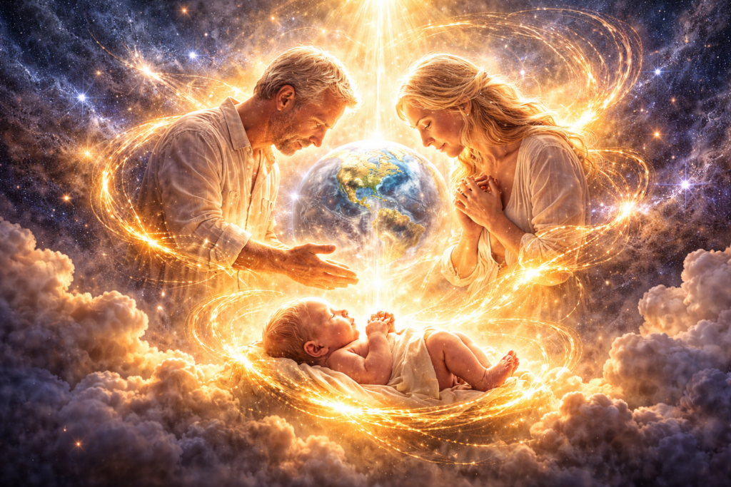 Soul choosing parents before birth depicted as glowing figures guiding a baby in a celestial pre-birth planning scene