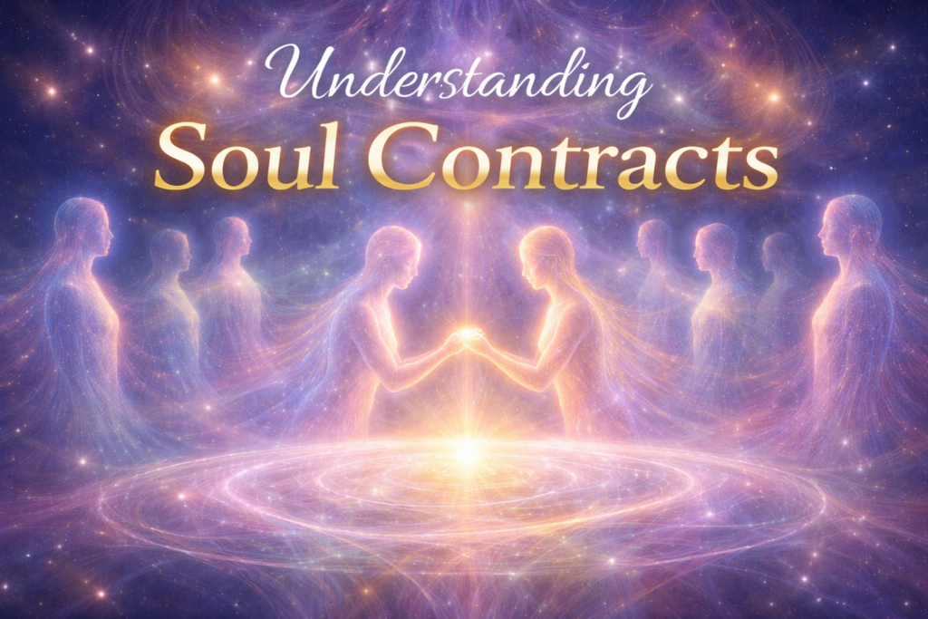 Ethereal glowing souls forming a circle in a celestial space, symbolizing soul contracts and spiritual agreements before birth with interconnected energy and cosmic light.