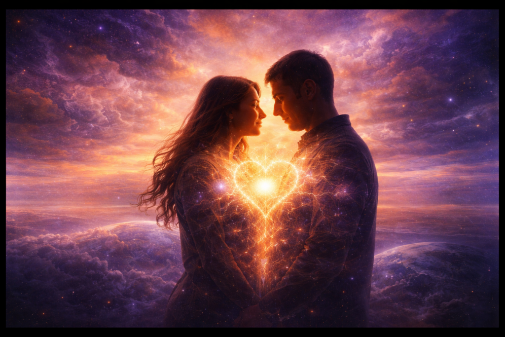 Use a horizontal image representing emotional connection, tension, or energetic bond between two people.