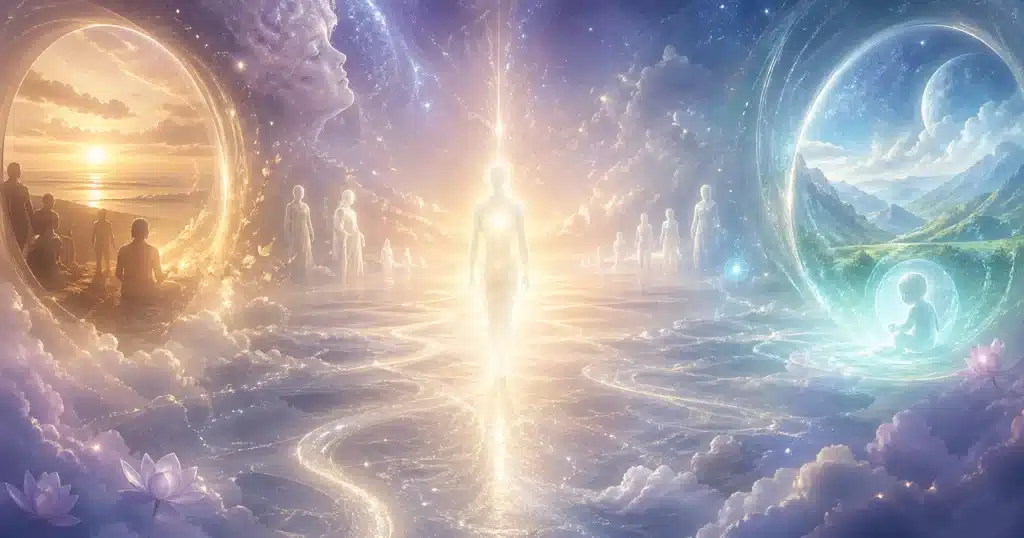 Radiant soul figure walking through a celestial realm with spirit guides and portals showing past and future incarnations