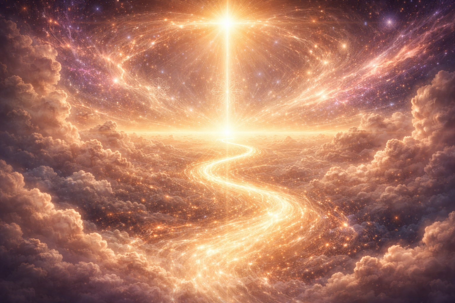 Luminous river of light winding through a starry cloudscape toward a radiant source, symbolizing the soul's journey home