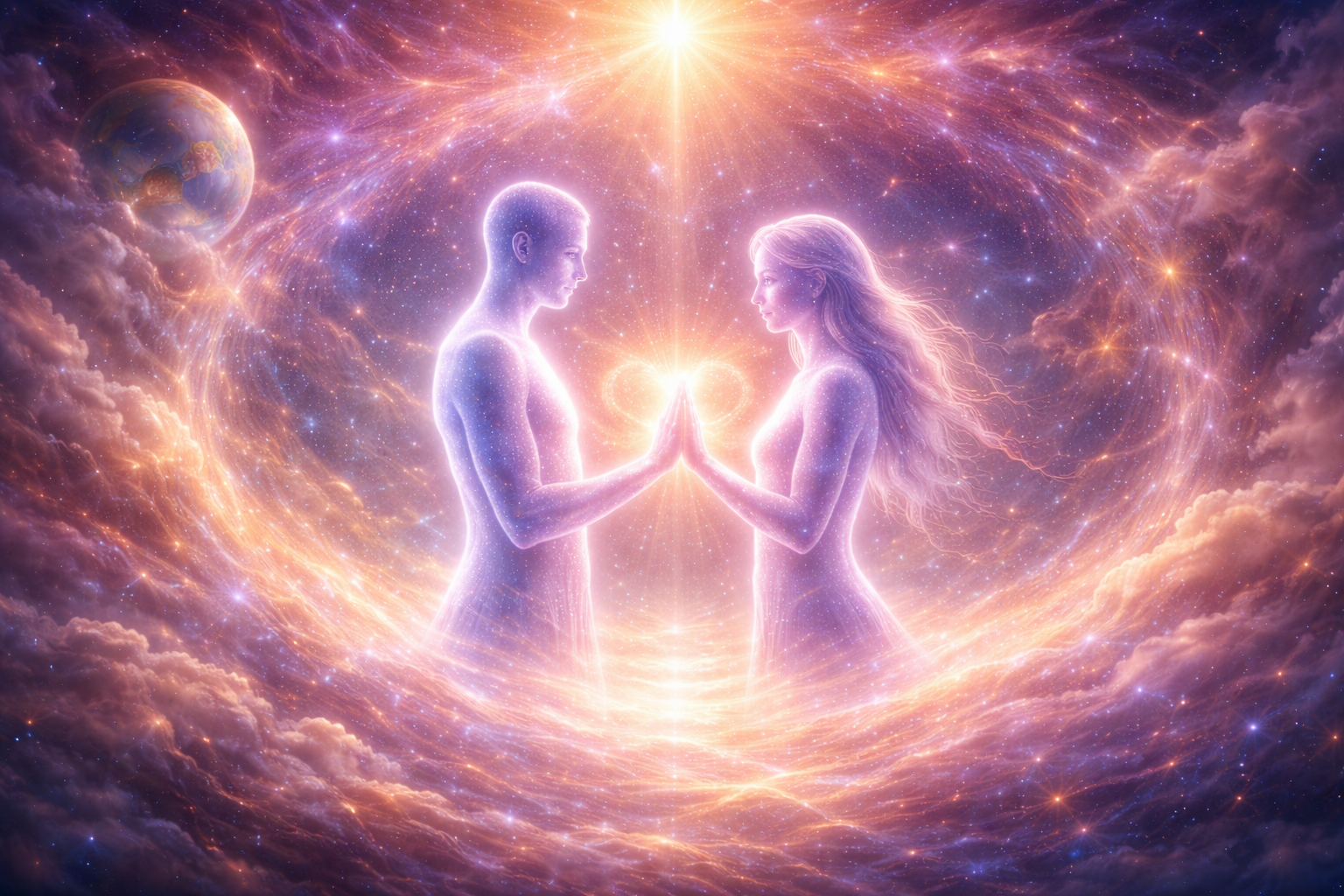 Luminous celestial figures with palms touching in a heart shape, surrounded by galaxies and Earth, symbolizing soul connection