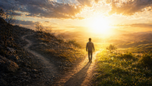 Person stepping into light symbolizing breaking free from repeating life patterns