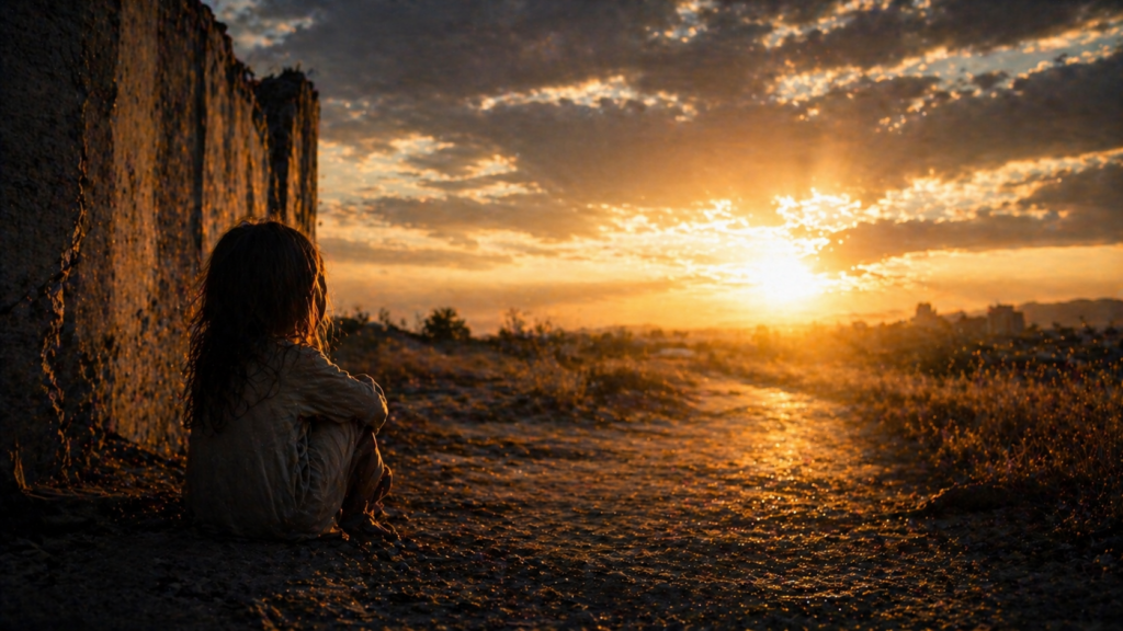Child in shadow looking toward light symbolizes a difficult childhood and emotional growth