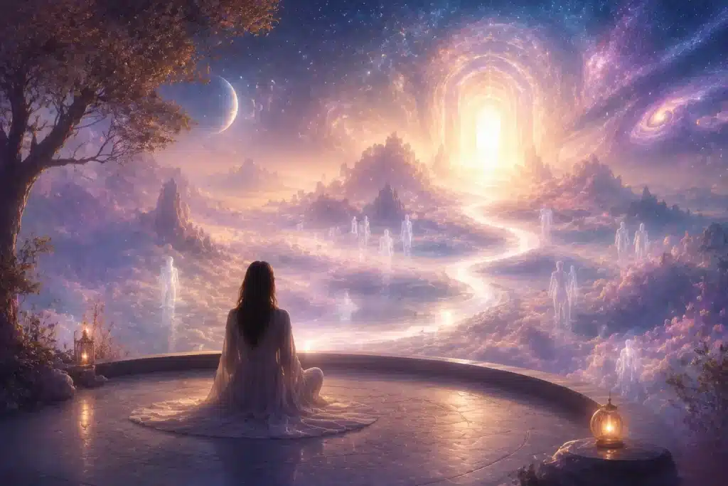 Silhouetted woman gazing toward a shimmering path and glowing archway of light, symbolizing the soul's journey to heaven