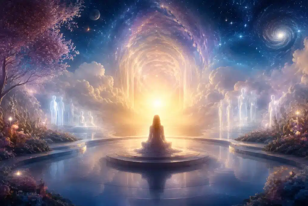 Silhouette of a meditating woman facing a radiant swirling portal, flanked by spirit guides in a celestial cherry blossom garden