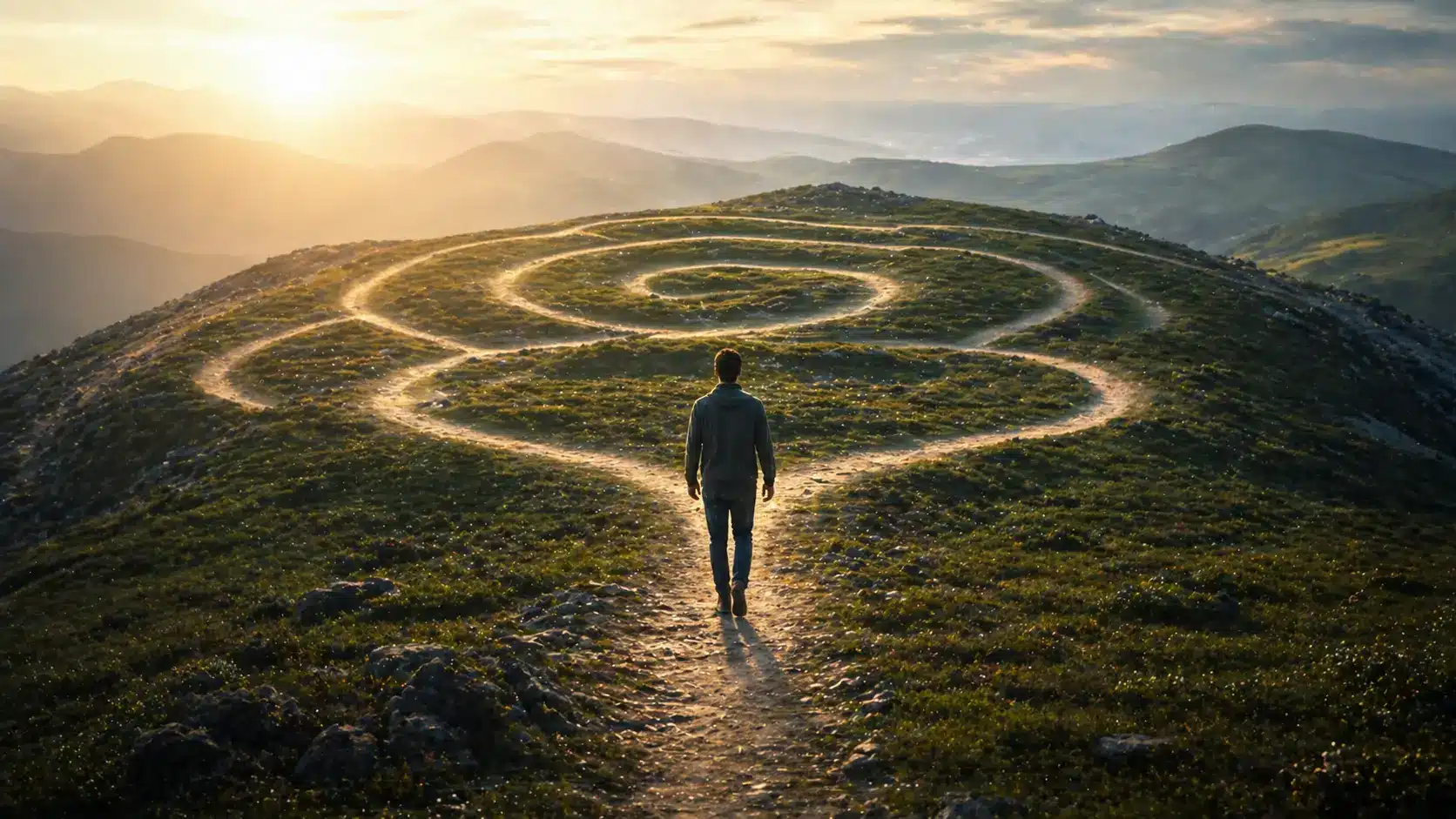 Silhouetted man following a winding spiral trail atop a mountain at dawn, representing the journey inward to self-discovery