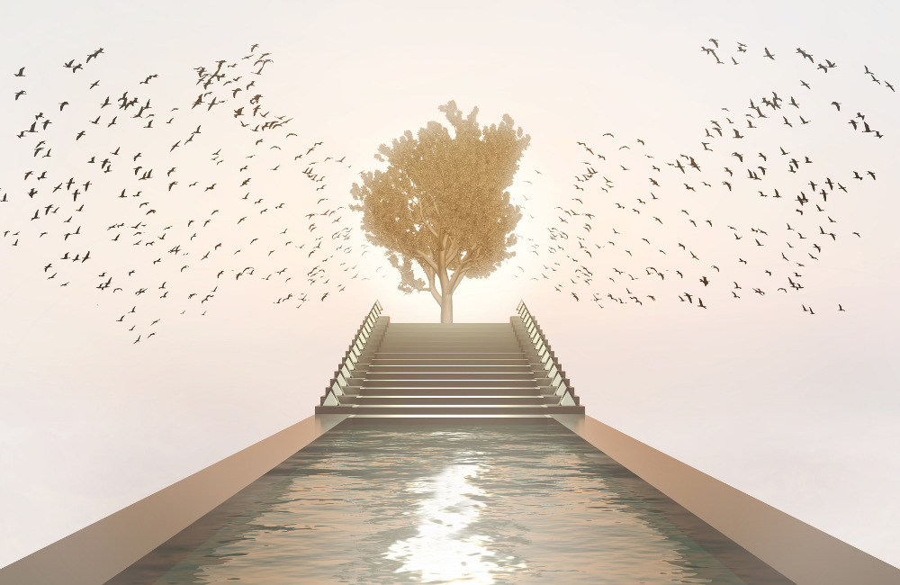 Symbolic stairway leading to a glowing tree surrounded by flying birds, representing remembering your life plan, purpose, and spiritual journey.