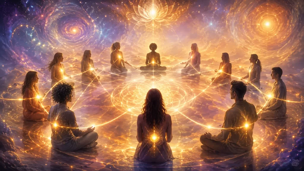 Spiritual depiction of connected souls gathered in light representing a soul group before birth