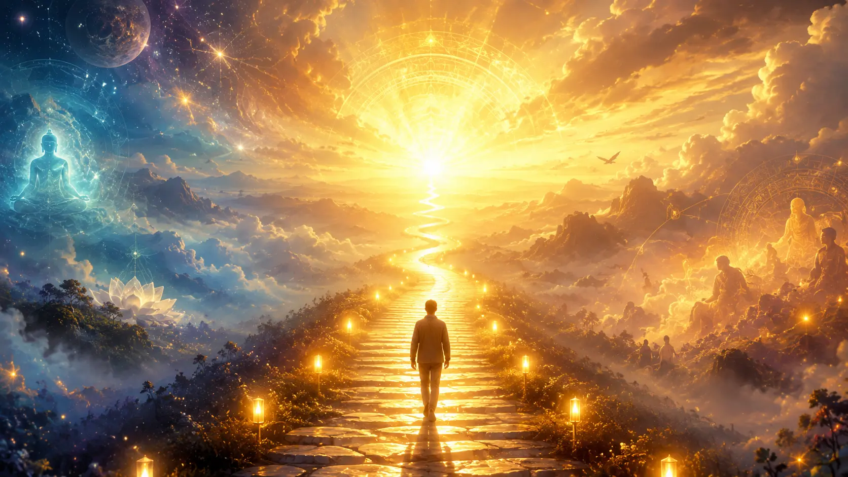 Person walking toward a radiant light symbolizing spiritual awakening and inner growth