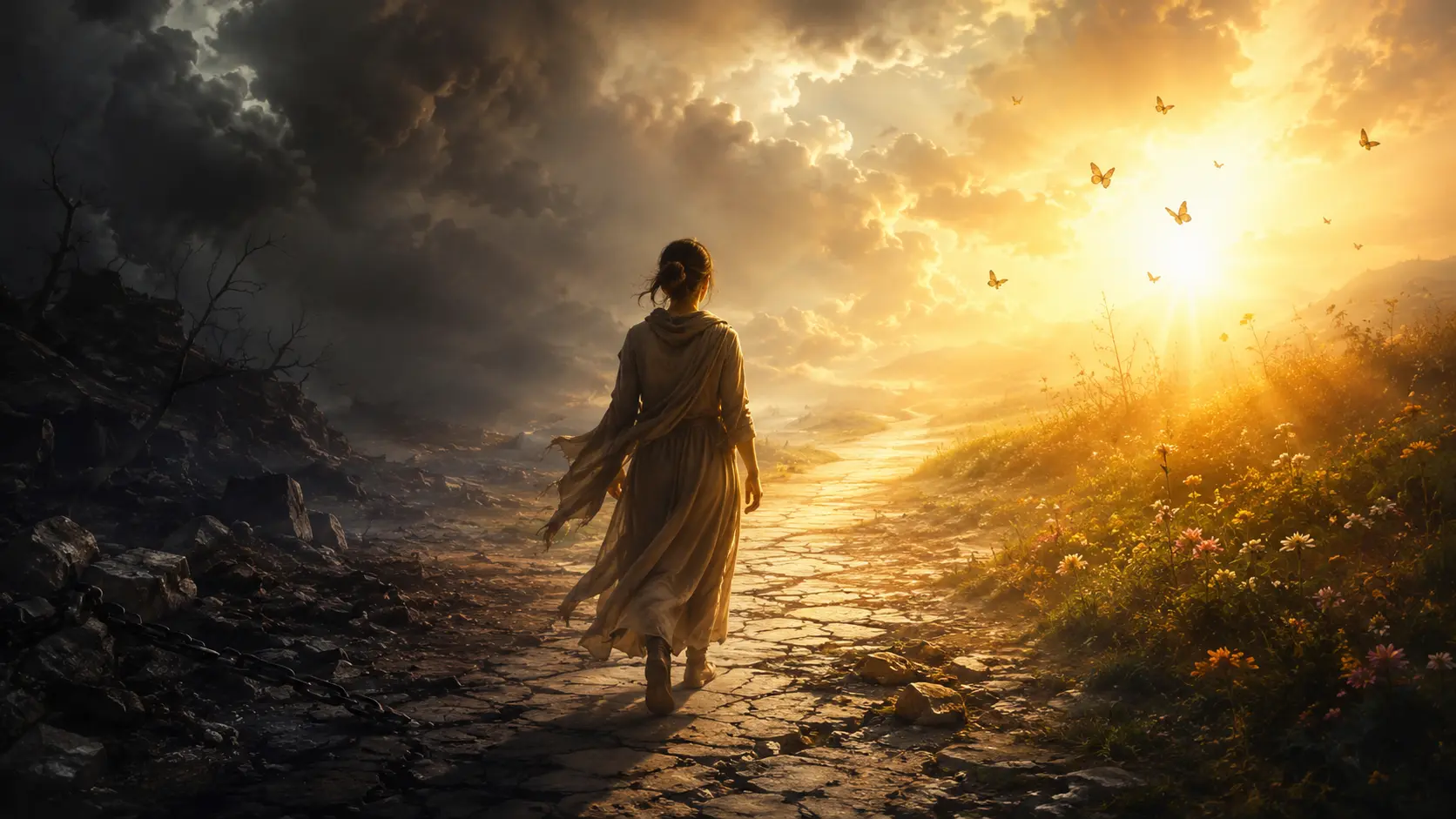 Symbolic image of a person moving toward light representing healing from trauma within a soul plan