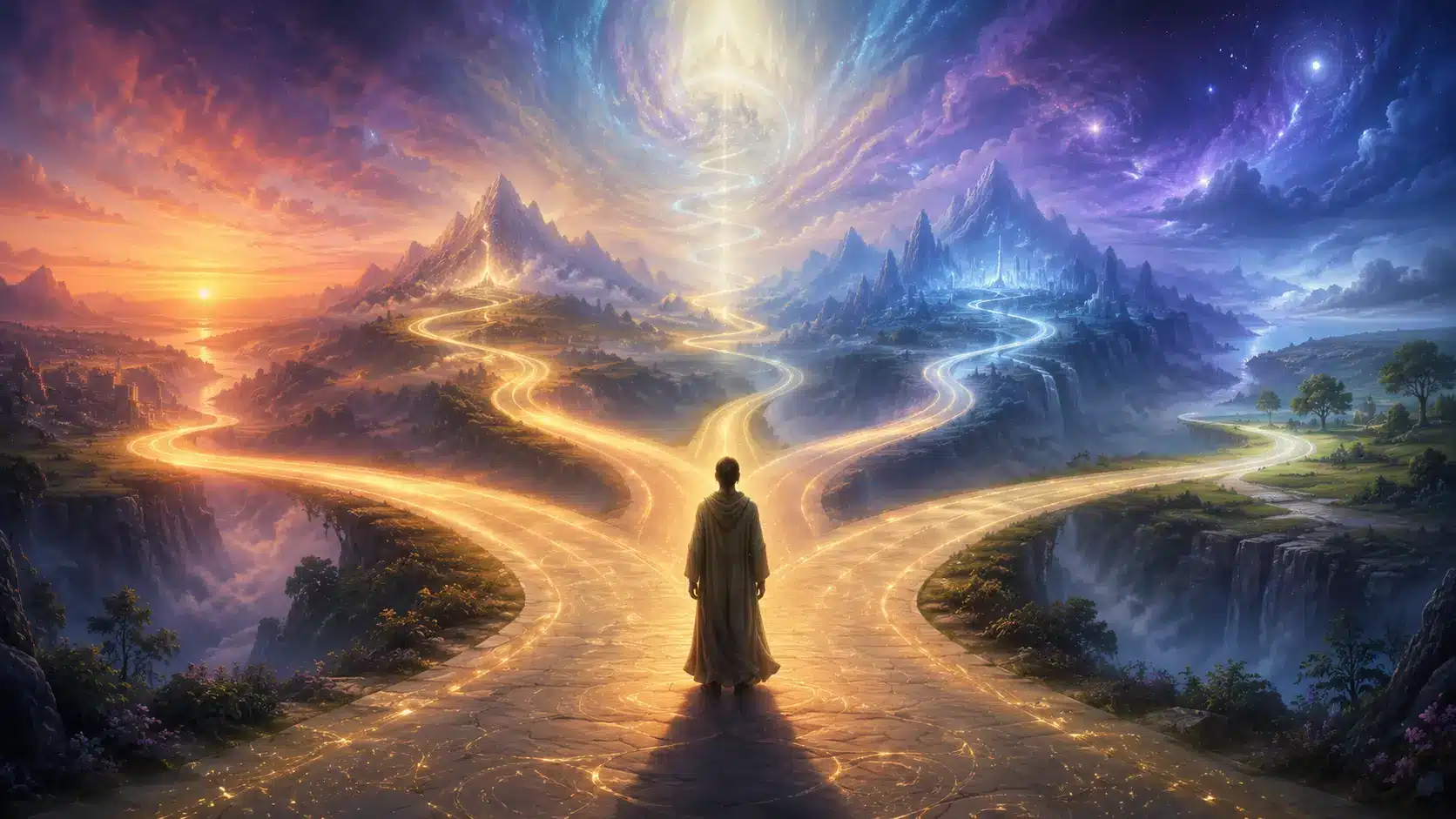 Person standing before multiple paths of light symbolizing free will and spiritual choice