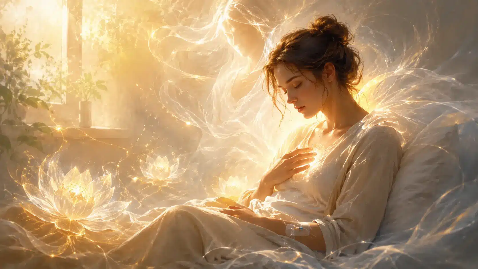 Symbolic image of a person surrounded by healing light representing illness as part of a soul plan