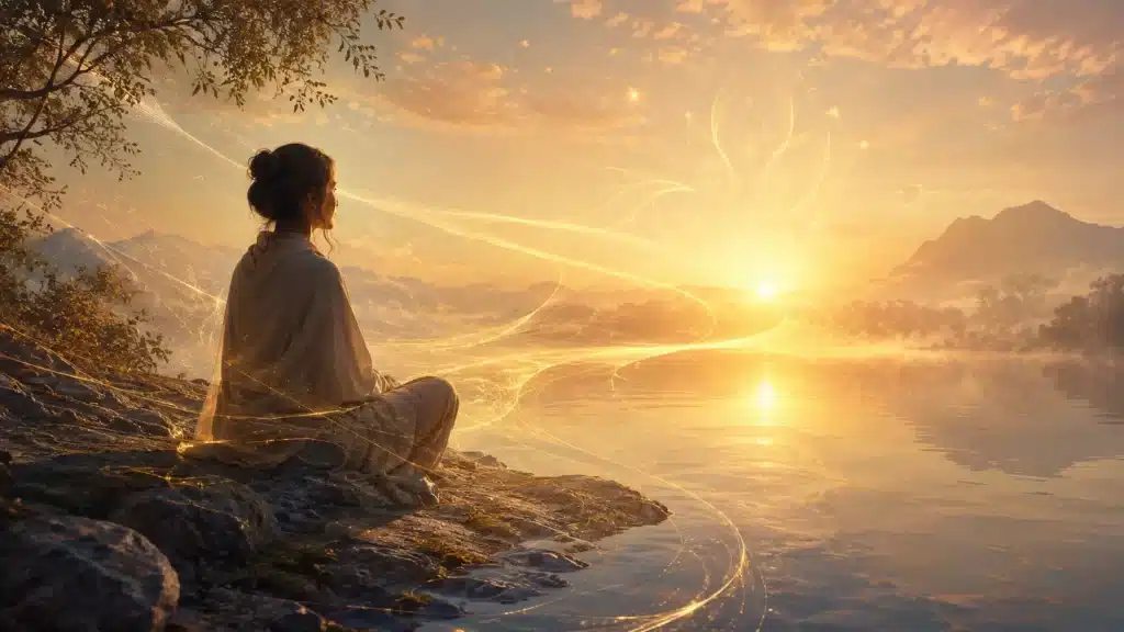 Person standing in soft light with symbolic signs along a path representing recognition of the soul plan