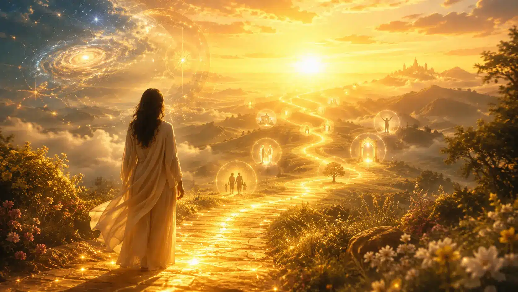 Person standing on a glowing path at sunrise symbolizing the timing of major life events in a soul plan